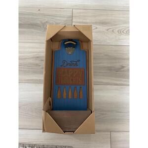 NWT Boston Warehouse Blue Wooden Metal Cap‎ Catcher Wallmounted Bottle Opener
